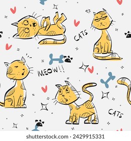 Cat hand draw pattern. childish cats seamless pattern for fashion clothes, fabric, t shirts.