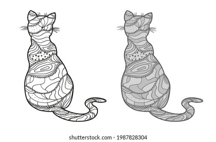 Cat. Hand drawn animal with abstract patterns on isolated background. Design for spiritual relaxation for adults. Freehand art. Different color options