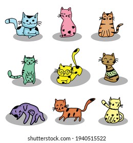 Cat hand drawn doodle cartoon of set,cat vector illustration for print, web, mobile and infographics isolated on white background.Cute cat cartoon character.free hand stye.fresh color animal.