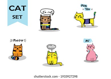 Cat hand drawn doodle cartoon,cat vector illustration for print, web, mobile and infographics isolated on white background.Cute cat cartoon .Character animal set.