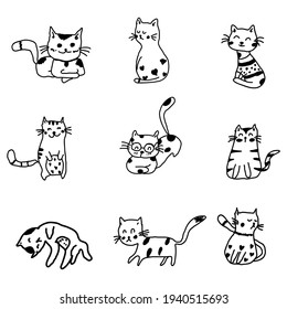 Cat hand drawn doodle styes cartoon,cat vector illustration for print, web, mobile and infographics isolated on white background.Cute cat cartoon character.happy animal.