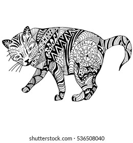 Cat Hand drawn sketched vector illustration. Doodle graphic with ornate pattern. Design Isolated on white.