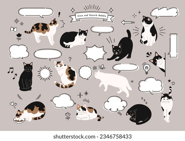 Cat and hand drawn speech bubble set.