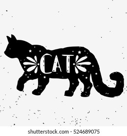 Cat. Hand drawn typography poster with ink silhouette and lettering. Vector illustration with grunge texture. Can be used as  print for Tshirt, bags, cards and posters