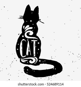 Gato. Cartel de tipografía dibujado a mano con silueta de tinta y letras. Ilustración vectorial con textura gruesa. Se puede utilizar como impresión para camisetas, bolsas, tarjetas y carteles