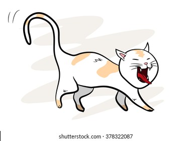 Cat, a hand drawn vector illustration of a cute cat yawning, isolated on a simple background (editable).