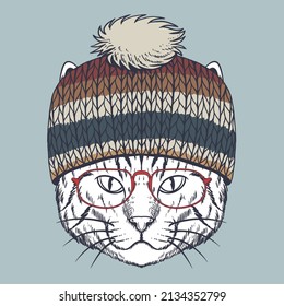 Cat hand drawn wearing a red glasses and beanie for your company or brand