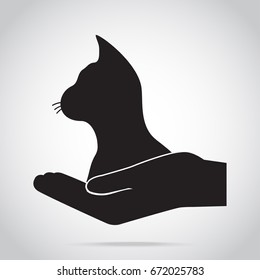 Cat and hand icon. Protection, care and help concept