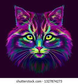 Cat. Hand-drawn, abstract, multicolored portrait of a cat looking forward on a purple background in the style of pop art.