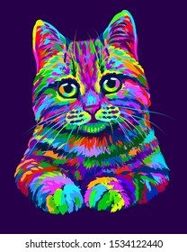 
Cat. Hand-drawn, abstract, multicolored portrait of a cat looking forward on a purple background in the style of pop art.