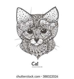 Cat. Hand-drawn sandcat cat with ethnic floral doodle pattern. Coloring page - zendala, design for spiritual relaxation for adults, vector illustration, isolated on a white background. Zen doodles.