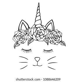 cat hand-drawn and flowers– stock illustration 
