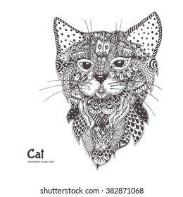 Cat. Hand-drawn sundcat with ethnic floral doodle pattern. Coloring page - zendala, design for spiritual relaxation for adults, vector illustration, isolated on a white background. Zen doodles.
