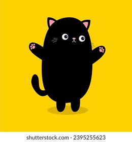 Cat with hands, pink paw print, cheeks. Cute sad black kitten. Funny face head. Cartoon baby character. Funny kawaii animal. Pet collection. Sticker print. Flat design. Yellow background. Vector