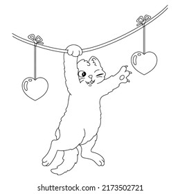 The cat is hanging on a garland. Coloring book page for kids. Valentine's Day. Cartoon style character. Vector illustration isolated on white background.