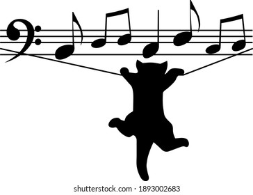 A cat hanging on notes, bass clef, sheet music, illustration for cat, music, art lovers. Black vector illustration isolated on white background. Funny picture.
