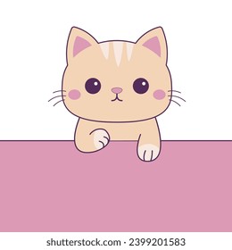 Cat hanging on paper. Funny Kawaii pet animal. Paw print on the table. Red kitten with holding hands. Line contour doodle silhouette. Cute cartoon baby character. Flat design. Pink background. Vector