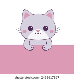 Cat hanging on paper. Funny Kawaii pet animal. Little kitten with holding hands. Paw print on the table. Cute cartoon baby character. Line contour doodle silhouette. Flat design Pink background Vector