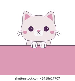 Cat hanging on paper. White kitten with holding hands. Funny Kawaii pet animal. Paw print on the table. Line contour doodle silhouette. Cute cartoon baby character. Flat design. Pink background Vector