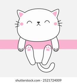 Cat hanging on a pink ribbon. Peeking white kitten. Paw print hands. Line contour silhouette. Cute cartoon character. Funny Kawaii pet animal. Hand drawn doodle. Flat design. White background. Vector