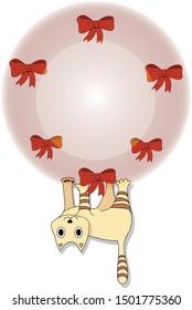 cat hanging on red christmas ball with fabric bows