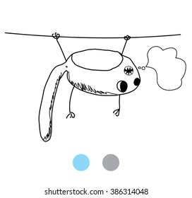 cat hanging on a rope upside down and waiting for help / funny animal cartoon / hand drawn line art illustration for coloring and children's creativity