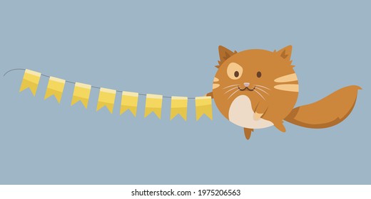 Cat hanging party flags. Cute pet in cartoon style