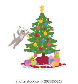 The cat hangs on the Christmas tree lights. Cat playing with christmas tree ornament. The cat broke the christmas ornaments. Vector illustration