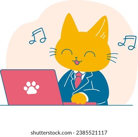 A cat happily working on a computer