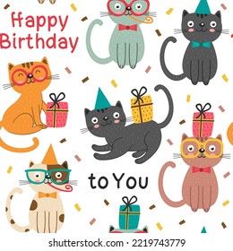 cat happy birthday. Handrawing. Set of purebred pet animals isolated on Color background.
