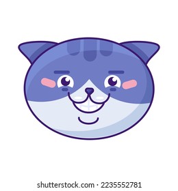 Cat happy emoji laughing from funny joke vector. Happiness kitten prairie animal laugh and enjoy. Comical smile positivity emotion. Lol cheerful mood emoticon flat cartoon illustration