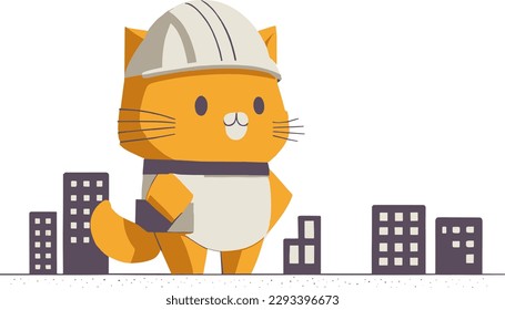 Cat in a hardhat on the background of a construction site.Flat illustration.