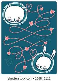 Cat and hare are away from each other, but their hearts are connected by a single thread of love.