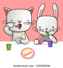 cat and hare eat Breakfast