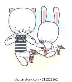 Cat and hare are having lunch on the beach.