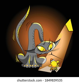 The cat has caught a small birdie on a dark attic. Vector and illustration