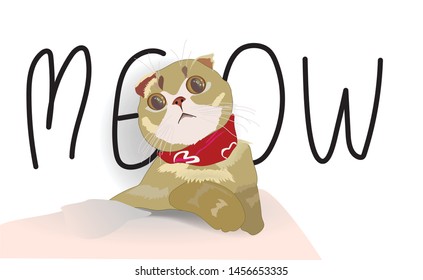 The cat has a red scarf and a "meow" 