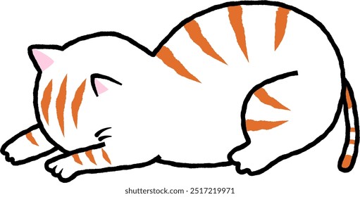 A cat has a striped, tabby coat with its head tucked under its paws. This sleeping pose gives the appearance of a "head down" or "apologetic" position, as if the cat is shy or hiding its face.