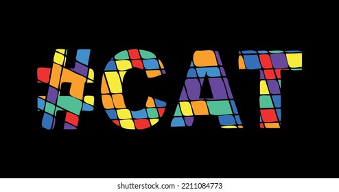 CAT Hashtag. Tricolor isolated letters from contrast flowing fluid shapes. Rainbow colored popular Hashtag #CAT for social networks, feline catlike web resources, mobile applications, games, t-shirts.