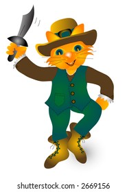 Cat with hat and boots holding a cutlass.