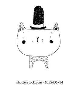cat in the hat  , cartoon hand drawn vector illustration. Can be used for baby t-shirt print, fashion print design, kids wear, baby shower celebration, greeting and invitation card.