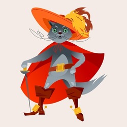 A Cat In A Hat, A Cloak And Boots With A Sword. Vector Illustration

