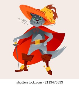 A cat in a hat, a cloak and boots with a sword. Vector illustration

