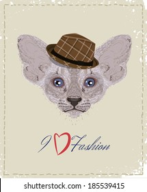 Cat in the Hat. Fashion. Design for T-shirts. Vector illustration.