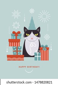 Cat in hat with gift boxes, idea for greeting card