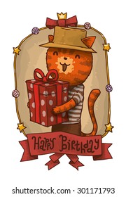Cat in hat with gift, vector