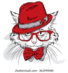 Cat in a hat and glasses. Hipster.  Vector illustration for greeting card, poster, or print on clothes.