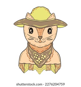 Cat in a hat. Hand drawn cute character. Animal Portrait. Isolated vector illustration on white background for postcards, stickers
