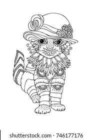 Cat in a hat. Hand drawn picture. Sketch for anti-stress adult coloring book in zentangle style. Vector illustration  for coloring page, isolated on white background. Template for poster.