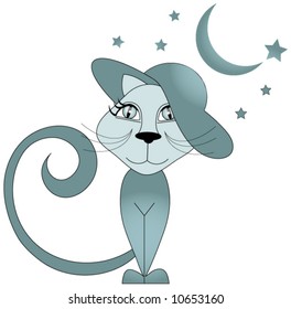 Cat in a hat with moon and stars.